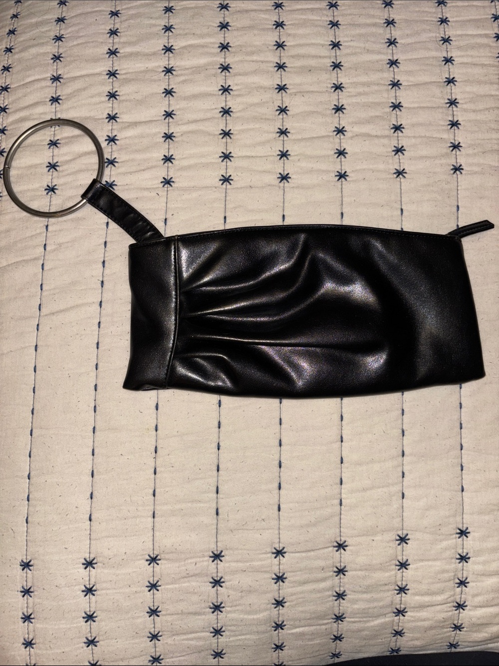 Black Faux Leather Wristlet Clutch with Silver Ring